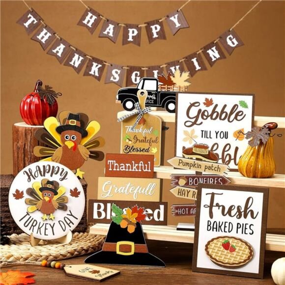 27 Pcs Thanksgiving Tiered Tray Decoration Turkey Thanksgiving Table Decoration - Picture 6 of 7
